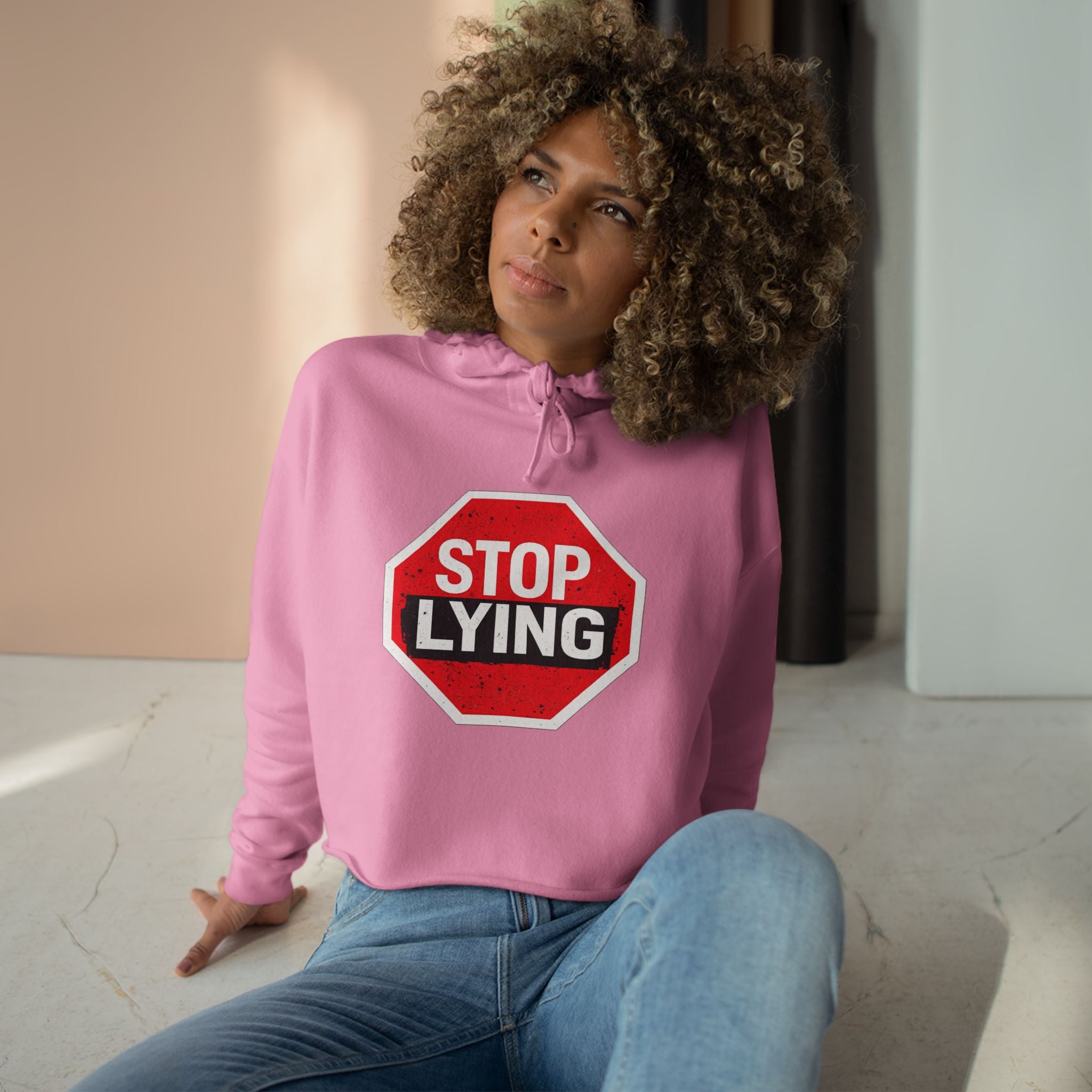 Stop Lying Crop Hoodie – Bold Red Stop Sign Graphic