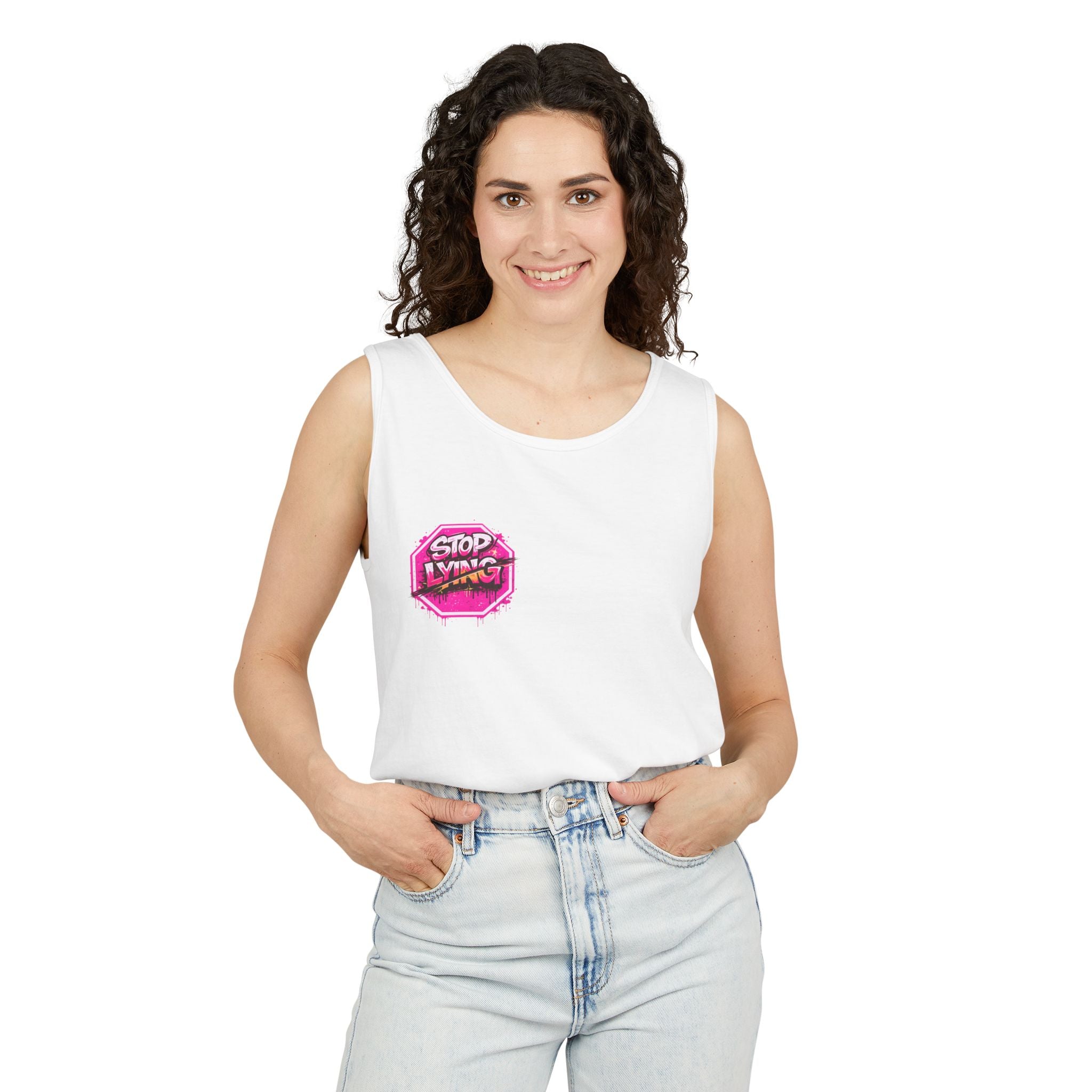 Tank Top — "Can't Trust No One" with Pink Stop Lying Graphic