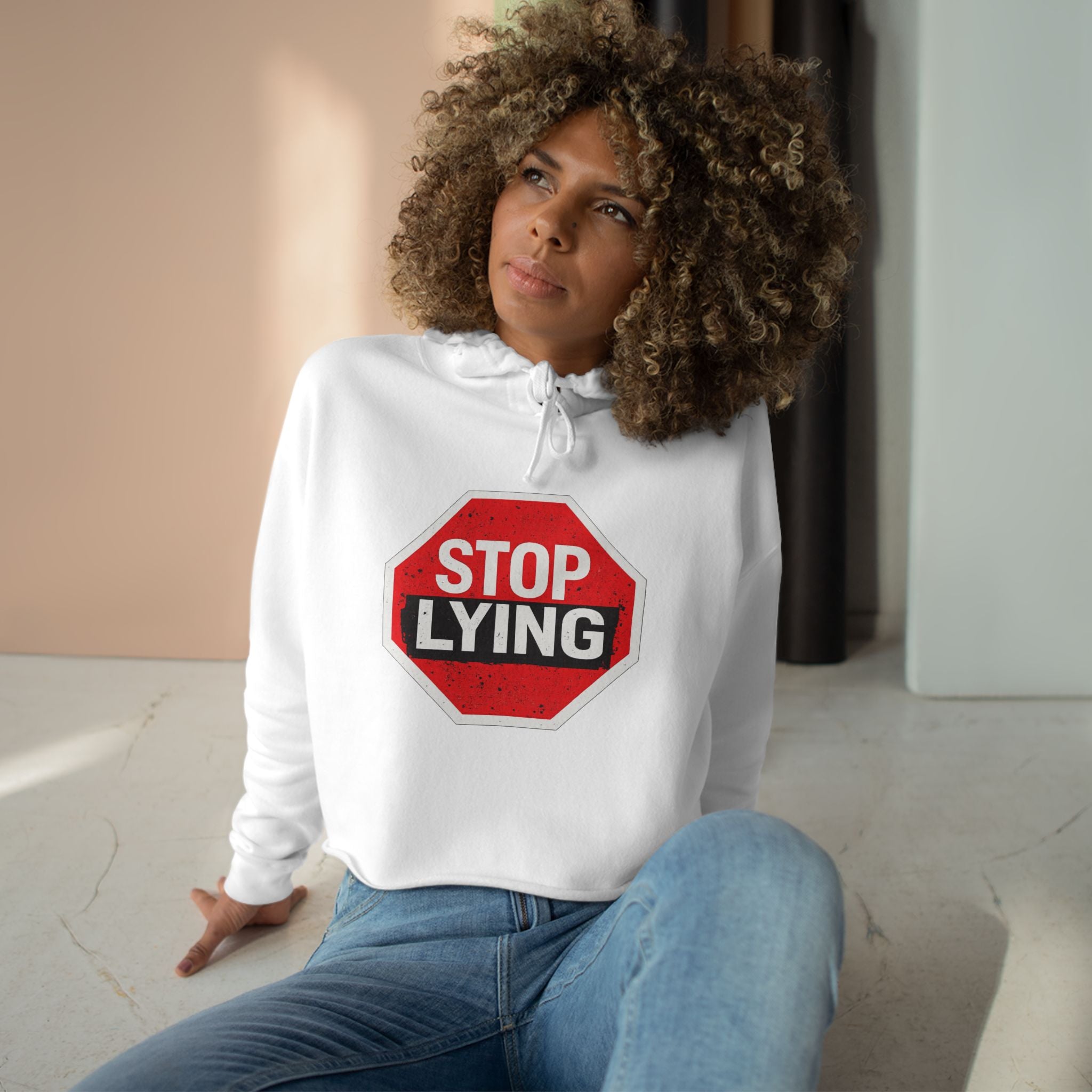 Stop Lying Crop Hoodie – Bold Red Stop Sign Graphic